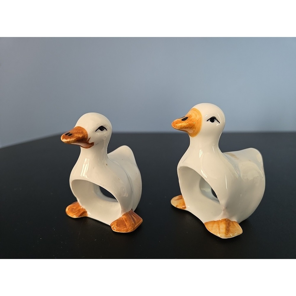 2 Vintage‎ Ceramic White Duck Goose Swan Napkin Ring Holders Easter Spring